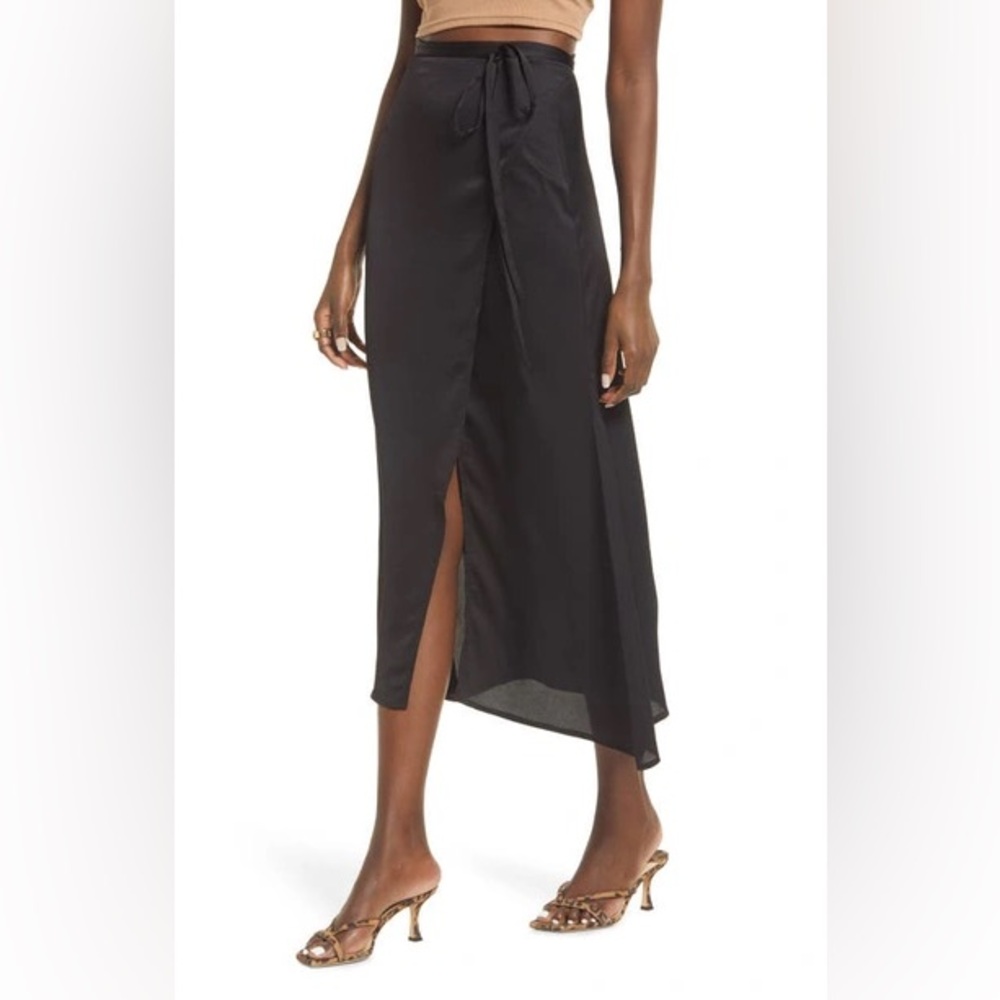 NWT Open Edit Satin Wrap Skirt in Black - XXS